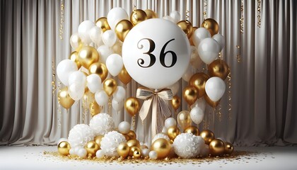 36th Balloon number 36 for birthday anniversary party gold foil balloon greeting with cute cake background 36.