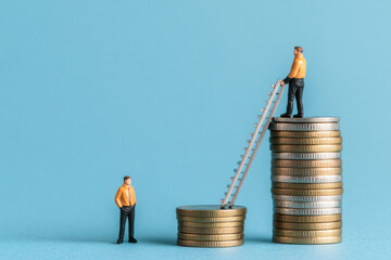 Miniature figures climbing coins symbolizing financial growth and investment.