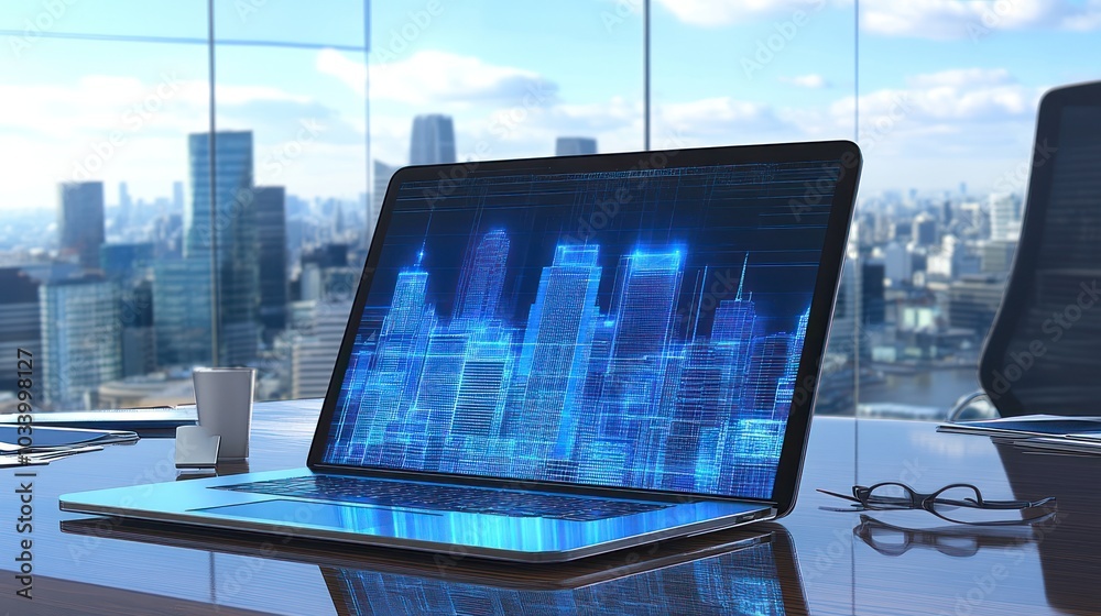 Aufkleber laptop displaying a digital cityscape with a blurred view of an actual city in the background