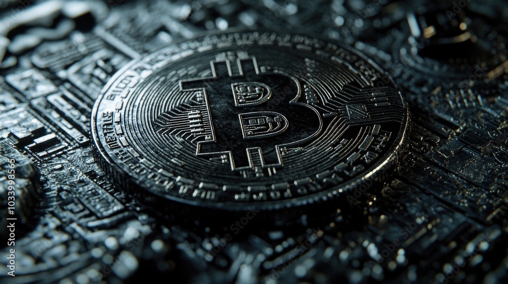 Aufkleber A close-up image of a bitcoin logo on a computer motherboard, suitable for use in financial or technology-related contexts