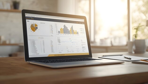 Laptop Displaying Business Charts and Graphs on a Wooden Desk