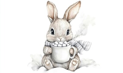 Obraz premium Cute Bunny with Steaming Mug of Cocoa in Watercolor