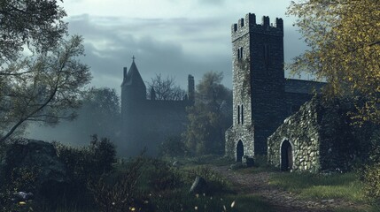 Fototapeta premium A medieval castle situated amidst lush greenery and towering trees