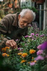 Fototapeta premium A senior gentleman tends to his garden, surrounded by blooming flowers