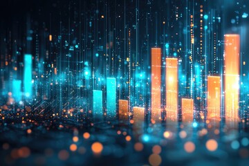 Abstract data visualization with glowing bars and digital elements, showcasing growth and analytics in a futuristic setting.