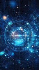 Abstract digital design with glowing blue lights and circular patterns.