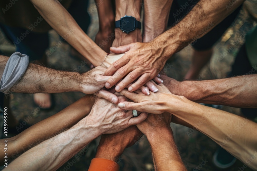 Poster a group of people with hands clasped together, demonstrating unity and cooperation
