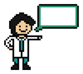 Cute pixel cartoon 8bit character man doctor or scientist game care for decoration pharmacist male doctor uniform in hospital 8 bit male pixel art png vector.