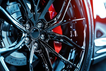 Obraz premium Close-up of a sleek car wheel, showcasing intricate design and shiny finish.