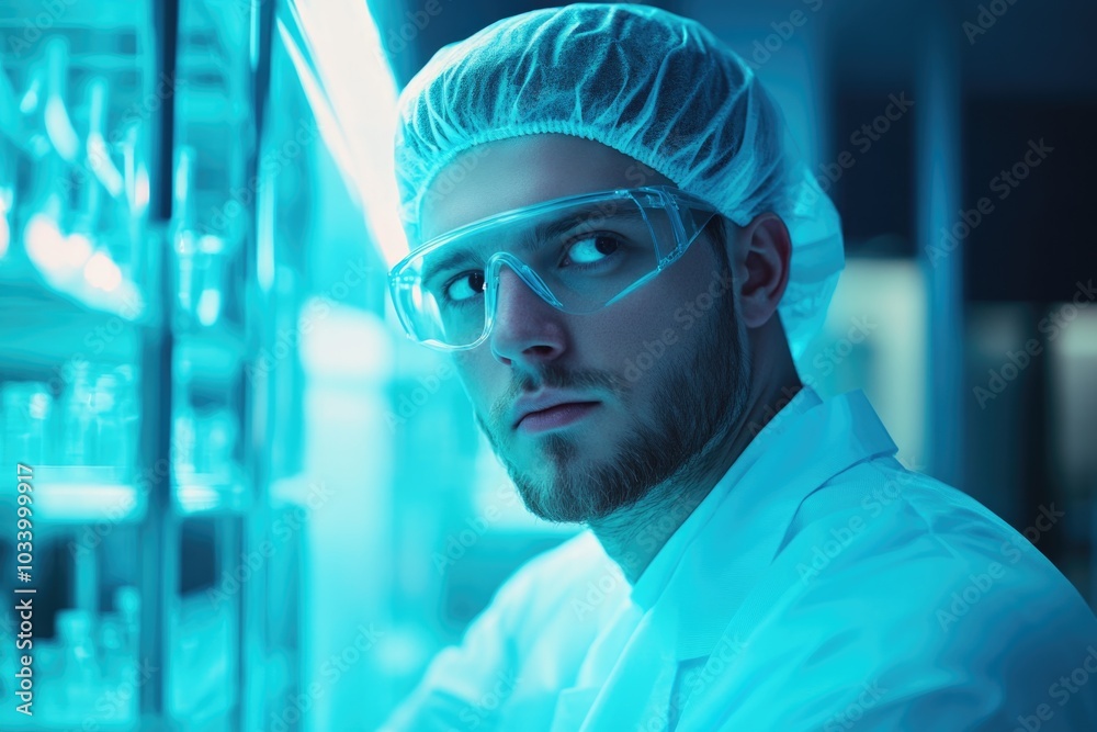 Aufkleber A scientist in a lab coat and goggles studying a sample or specimen, possibly in a laboratory setting