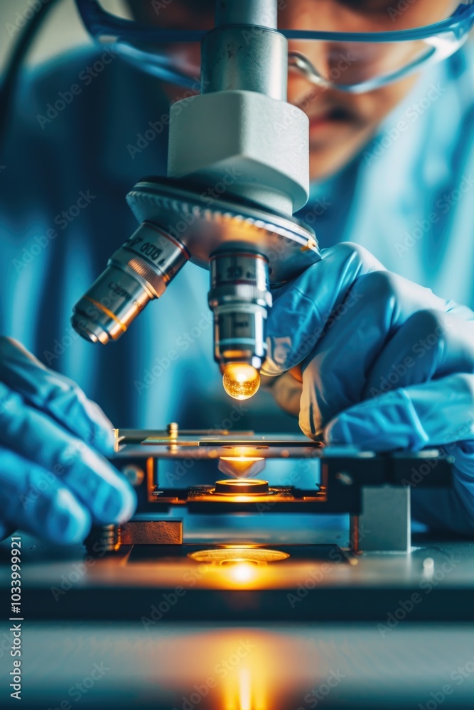 Poster A scientist or researcher studying tiny samples with a microscope