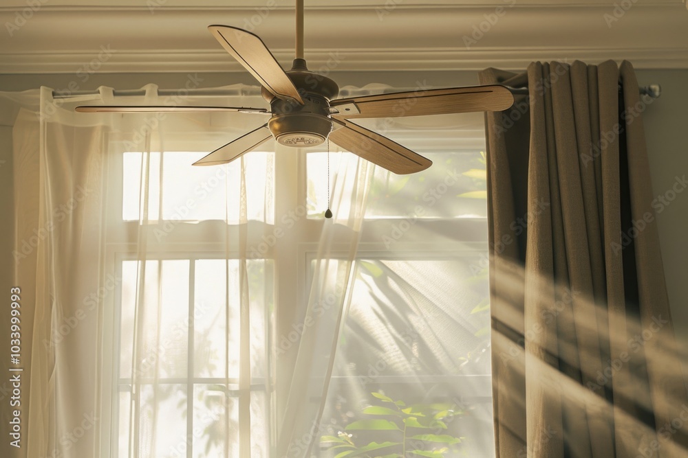 Aufkleber a ceiling fan sits in front of a window, with a view outside