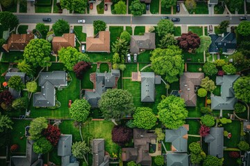 Fototapeta premium Aerial view of a suburban neighborhood with houses, streets and yards