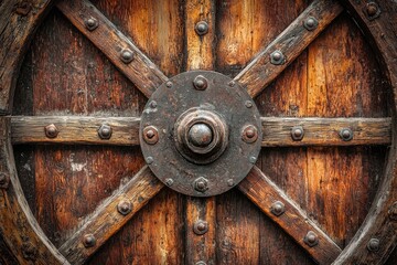 Fototapeta premium Detailed wooden wheel with metal accents, rustic vintage design.