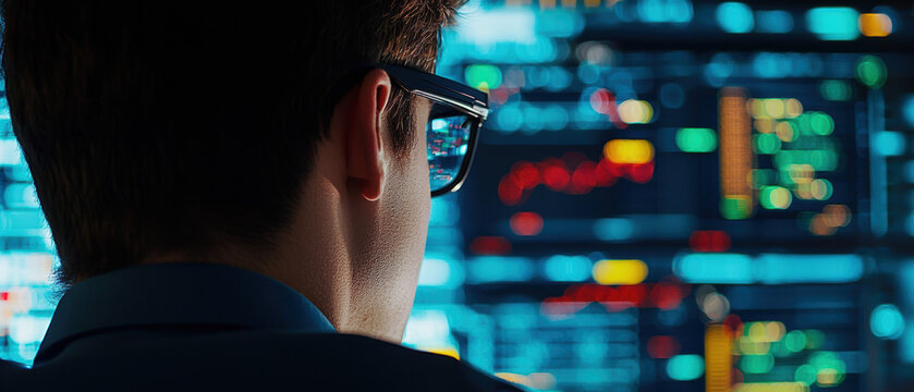 A focused individual analyzes data on a screen filled with graphs and information, showcasing a high-tech analytical environment.