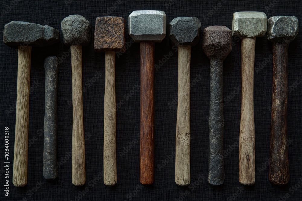 Poster A collection of hammers arranged neatly on a surface, awaiting use