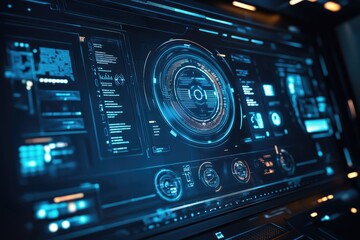 Obraz premium Futuristic control panel with digital interfaces and blue glowing elements.