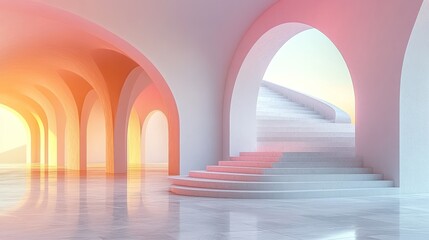 A serene architectural space with arches and a staircase.