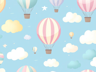 Obraz premium Cute hot air balloon seamless pattern, light color background with clouds and balloons. 