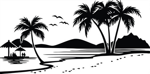 Black and white vector illustration of two palm trees on a beach, ocean view, silhouette of people sitting under the trees, distant buildings, simple shapes, bold lines, thick outlines, no shading
