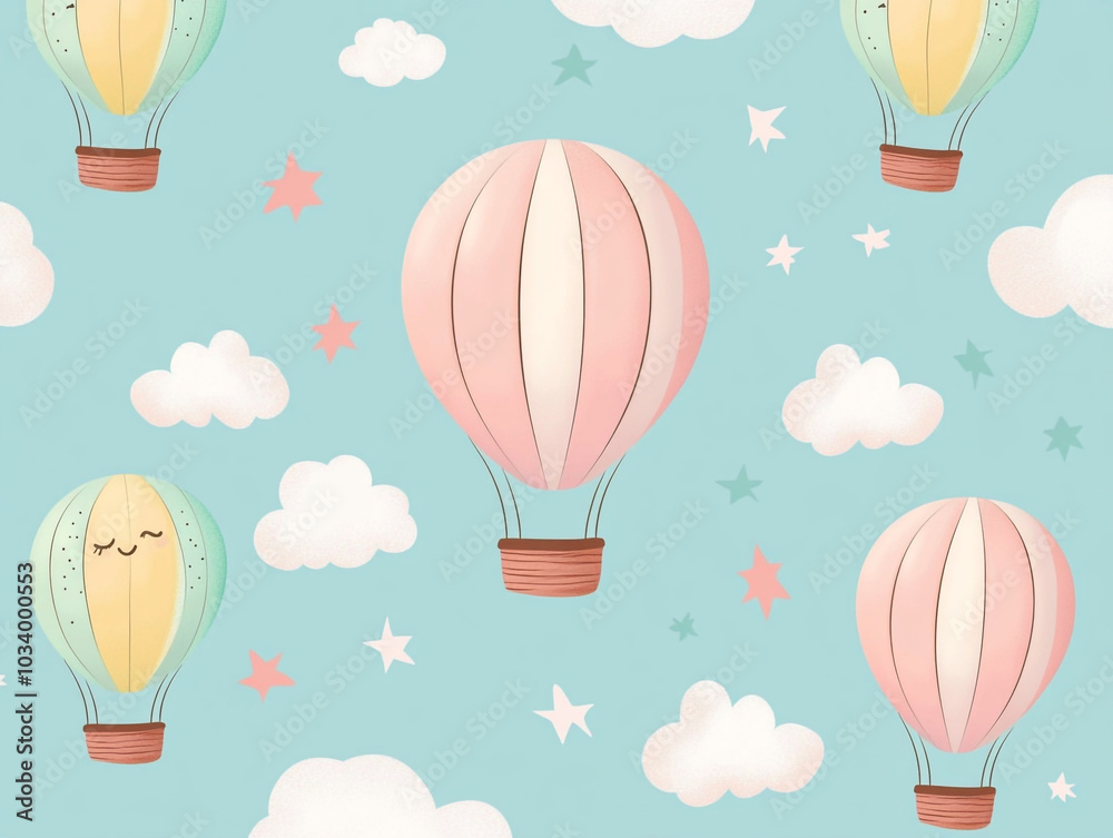 Wall mural cute hot air balloon seamless pattern, light color background with clouds and balloons.