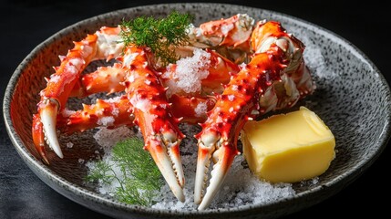  large king crab legs served on a plate with a side of drawn butter