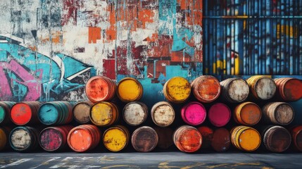 Fototapeta premium A stack of colorful oil barrels against the background of graffiti in an urban setting
