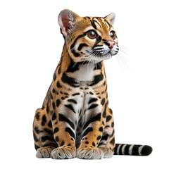 A playful ocelot kitten exploring its surroundings with curiosity