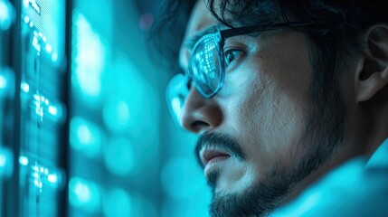 A technician meticulously analyzes data servers bathed in a blue glow, symbolizing modern technological advancement and careful troubleshooting in high-tech facilities.
