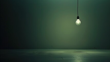 Dark empty room with single flickering light bulb casting long shadows, emphasizing absence of power and eerie atmosphere, minimalist setting with focus on light bulb's glow.