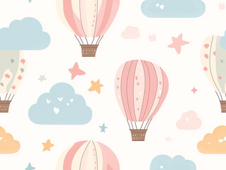 Cute hot air balloon seamless pattern, light color background with clouds and balloons.  