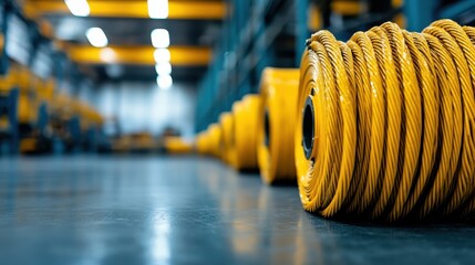 Bright yellow coils are placed neatly on a shiny warehouse floor, presenting an organized and strategic storage method ready for immediate deployment in industries.