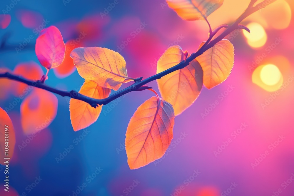 Poster a close-up shot of leaves on a tree branch, ideal for use in nature-themed designs or illustrations