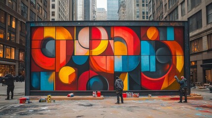 Artists painting a colorful mural.