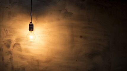 Dark empty room with single flickering light bulb casting long shadows, emphasizing absence of power and eerie atmosphere, minimalist setting with focus on light bulb's glow.