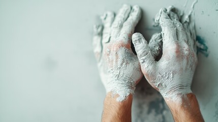 A pair of hands coated in thick grey clay, engaged in the process of forming abstract shapes, representing the tactile experience of creative expression.