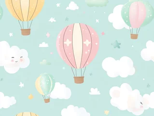 Cute hot air balloon seamless pattern, light color background with clouds and balloons.  