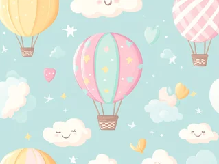 Cute hot air balloon seamless pattern, light color background with clouds and balloons.  