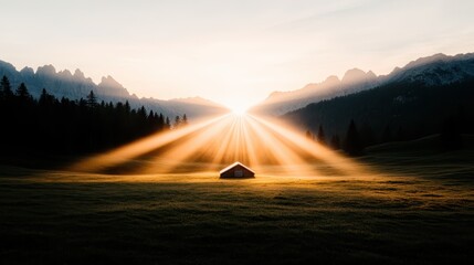 A cozy cabin is nestled in a lush mountain valley, bathed in the warm glow of sunrise light, creating an idyllic scene that captures the essence of tranquility.