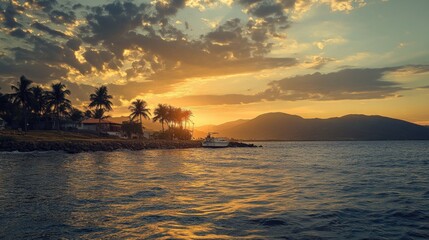 Naklejka premium Peaceful scene with sunset colors reflected on calm lake surface, suitable for travel or nature-themed projects