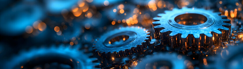 Abstract Gears Interlocking with Bokeh Lights: Soft Image of Innovation and Cooperation in ESG Business Negotiations on Cool Toned Background