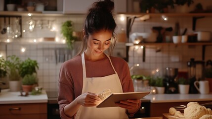 A woman cooks in a cozy kitchen illuminated by string lights while reading a recipe on a tablet in the evening