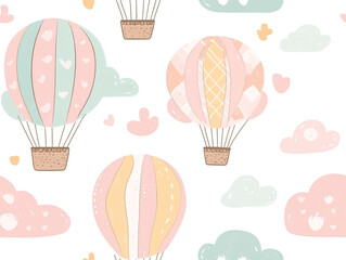 Cute hot air balloon seamless pattern, light color background with clouds and balloons.  