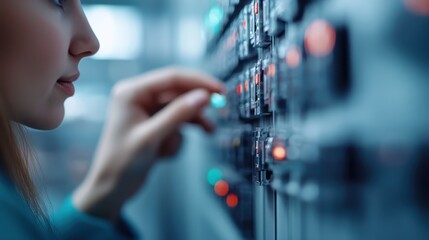 A close-up shot of a hand delicately adjusting knobs on a control panel, highlighting precision and attention to detail in a technological setting.