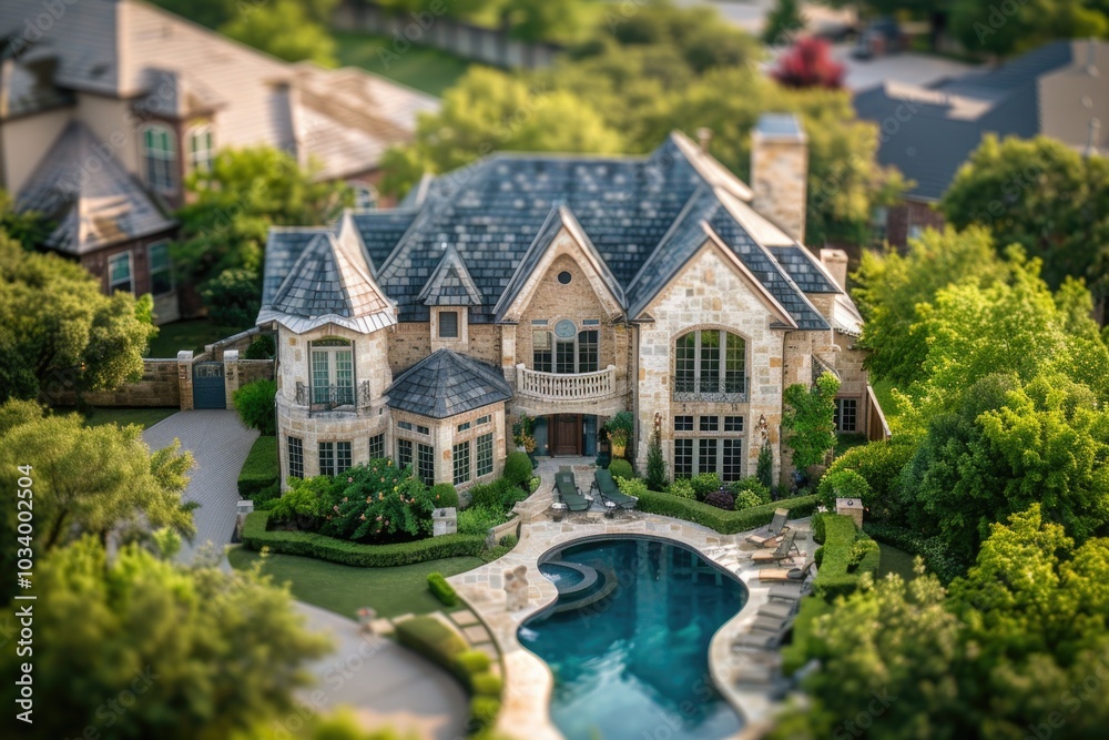 Poster a large house with a pool in the front yard, perfect for summer days or relaxation