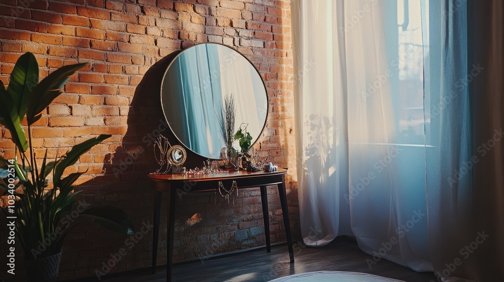Poster a simple setting with a mirror sitting on a wooden table next to a window, perfect for interior desi