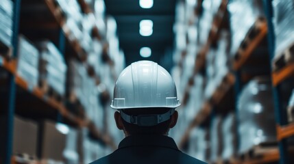 In a warehouse, an industrial worker with a white hard hat examines the inventory layout, emphasizing the importance of organization, safety, and efficiency in storage management.