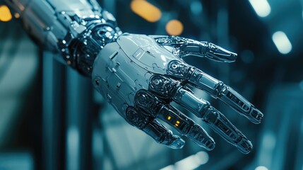 A close-up view of a robot's mechanical hand, details and textures visible