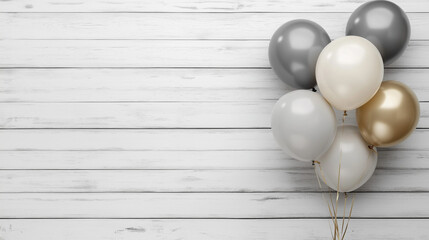 Obraz premium Gold, cream, beige and grey balloons for stylish party or celebration, wide landscape format with space for text or copy, ideal for invitations or announcement aspect ratio 16:9