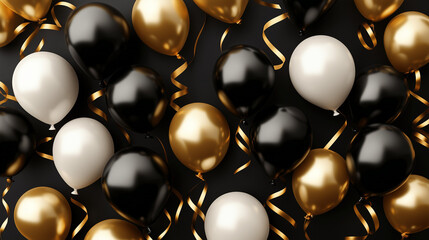 Black, white and gold balloons for party or celebration, wide landscape format, ideal as background image for invitations or announcement aspect ratio 16:9